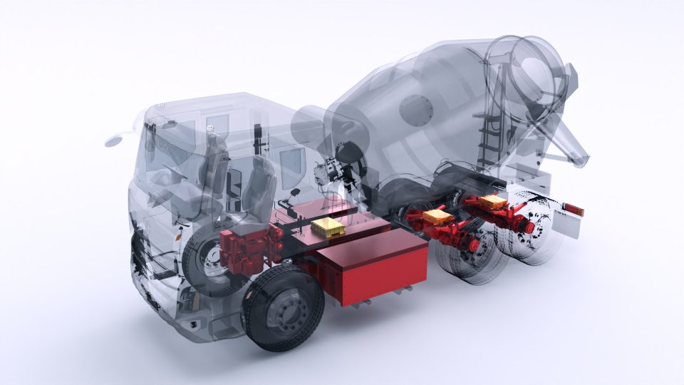 Electric concrete mixer truck showing EVNet™ and BMS integration